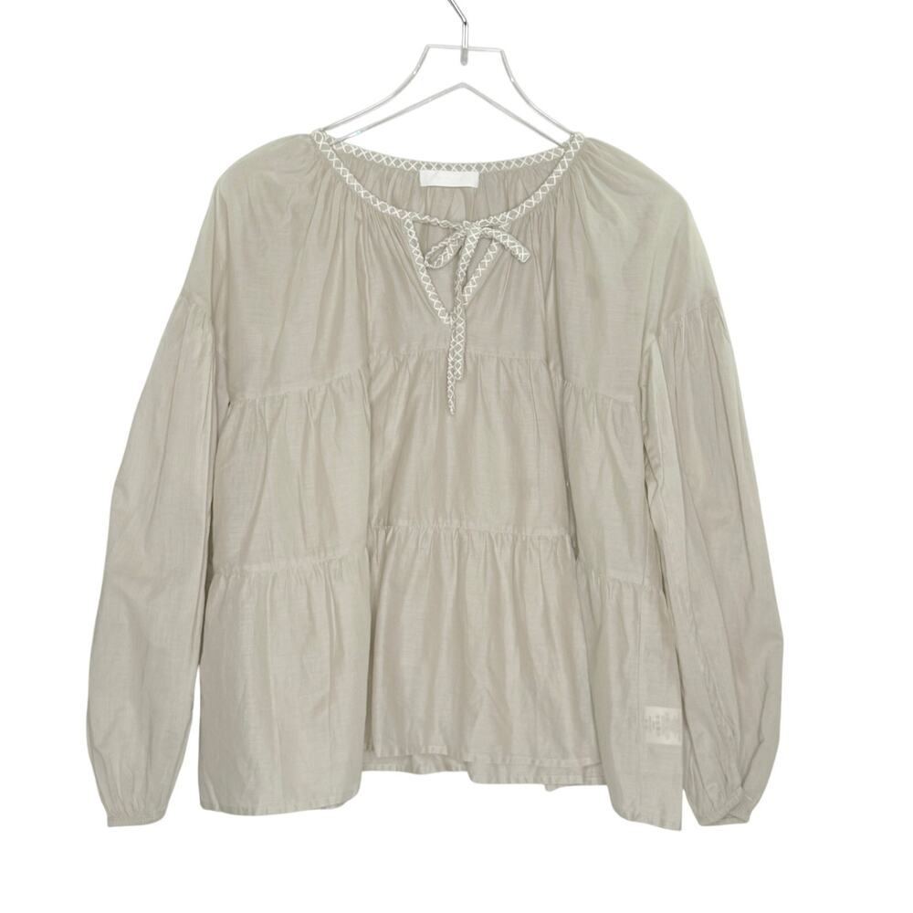 Merlette Tholen Embroidered Blouse S Light Taupe Peasant Tiered Lightweight